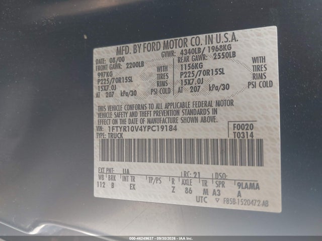 2000 Ford Ranger Xl/xlt მანქანა იყიდება აუქციონზე, vin: 1FTYR10V4YPC19184, აუქციონის ნომერი: 46249637