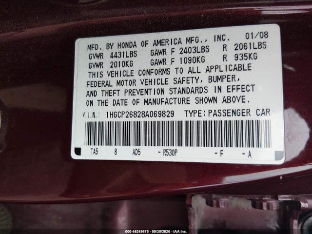 46249675 :رقم المزاد ، 1HGCP26828A069829 vin ، 2008 Honda Accord 2.4 Ex-l مزاد بيع