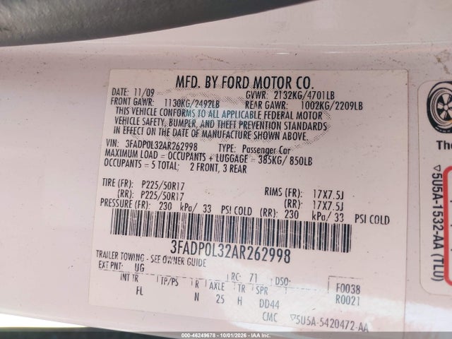Продажа на аукционе авто 2010 Ford Fusion Hybrid, vin: 3FADP0L32AR262998, номер лота: 46249678
