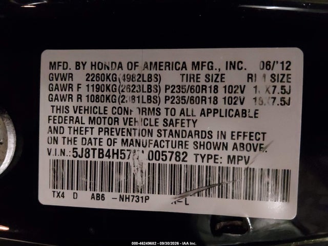 46249682 :رقم المزاد ، 5J8TB4H57DL005782 vin ، 2013 Acura Rdx مزاد بيع
