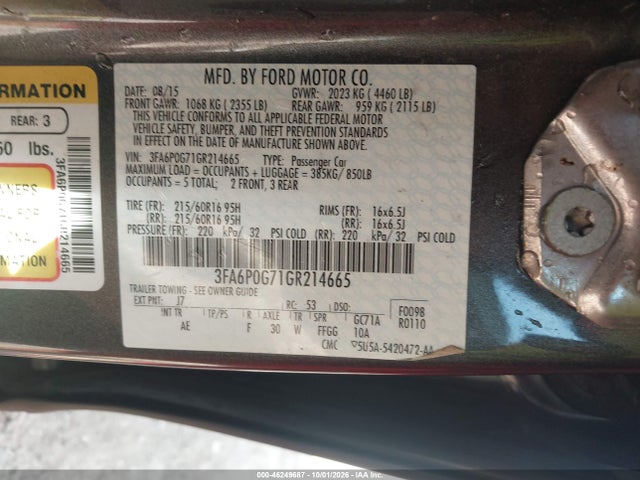 Продажа на аукционе авто 2016 Ford Fusion S, vin: 3FA6P0G71GR214665, номер лота: 46249687