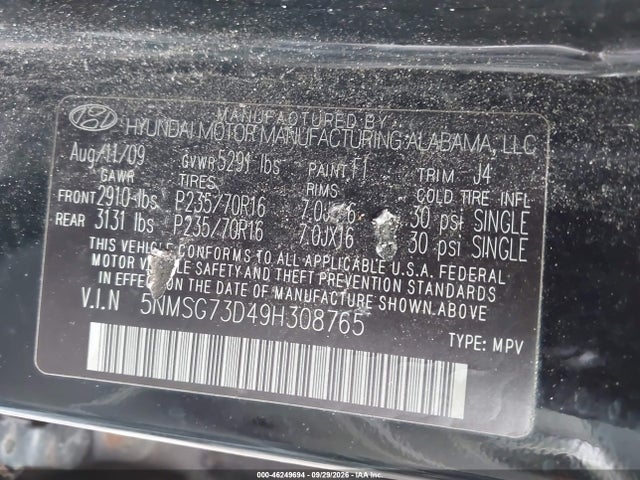 Продаж на аукціоні авто 2009 Hyundai Santa Fe Gls, vin: 5NMSG73D49H308765, номер лоту: 46249694