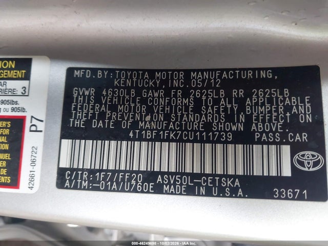 Aukcja sprzedaży 2012 Toyota Camry Se, vin: 4T1BF1FK7CU111739, numer aukcji: 46249698