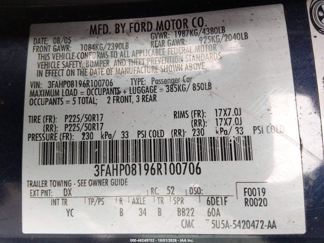 Aukcja sprzedaży 2006 Ford Fusion Sel, vin: 3FAHP08196R100706, numer aukcji: 46249702