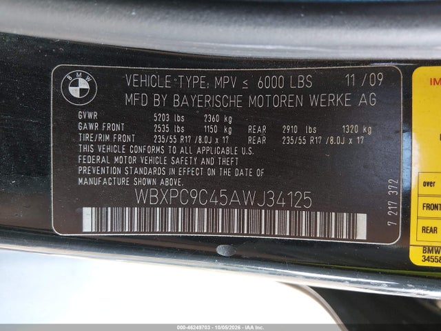 Продаж на аукціоні авто 2010 Bmw X3 Xdrive30i, vin: WBXPC9C45AWJ34125, номер лоту: 46249703