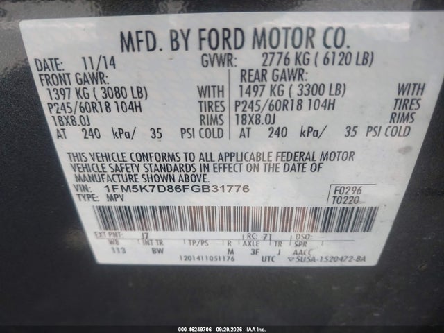 Ford EXPLORER XLT 2015 1FM5K7D86FGB31776 Image 9