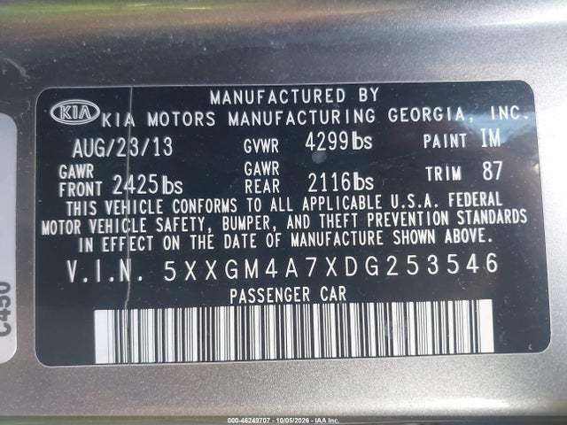 Продажа на аукционе авто 2013 Kia Optima Lx, vin: 5XXGM4A7XDG253546, номер лота: 46249707
