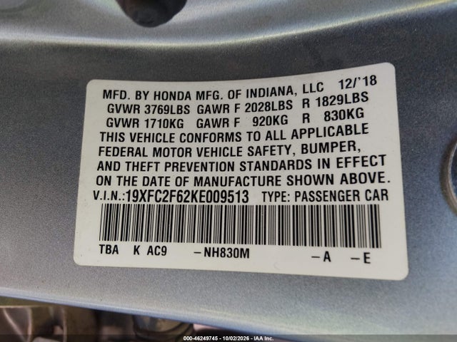 Aukcja sprzedaży 2019 Honda Civic Lx, vin: 19XFC2F62KE009513, numer aukcji: 46249745