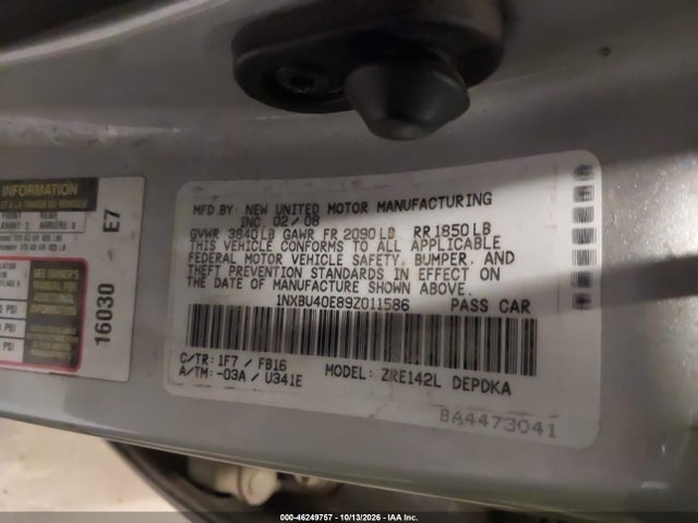 46249757 :رقم المزاد ، 1NXBU40E89Z011586 vin ، 2009 Toyota Corolla Le مزاد بيع
