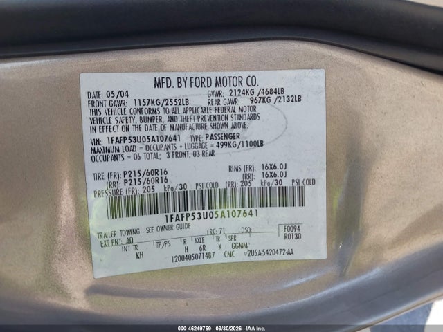 Aukcja sprzedaży 2005 Ford Taurus Se, vin: 1FAFP53U05A107641, numer aukcji: 46249759