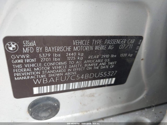 Aukcja sprzedaży 2011 Bmw 535i Xdrive, vin: WBAFU7C54BDU55327, numer aukcji: 46249764