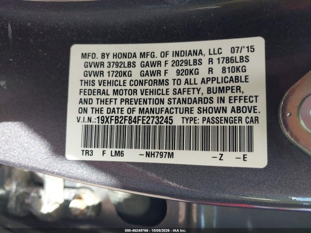 46249766 :رقم المزاد ، 19XFB2F84FE273245 vin ، 2015 Honda Civic Ex مزاد بيع