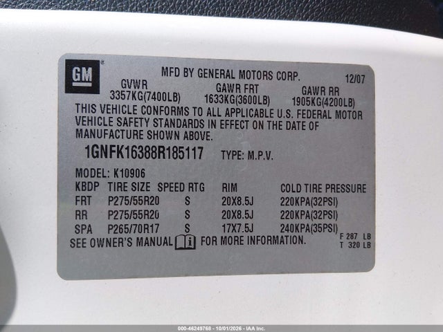 Aukcja sprzedaży 2008 Chevrolet Suburban 1500 Ltz, vin: 1GNFK16388R185117, numer aukcji: 46249768