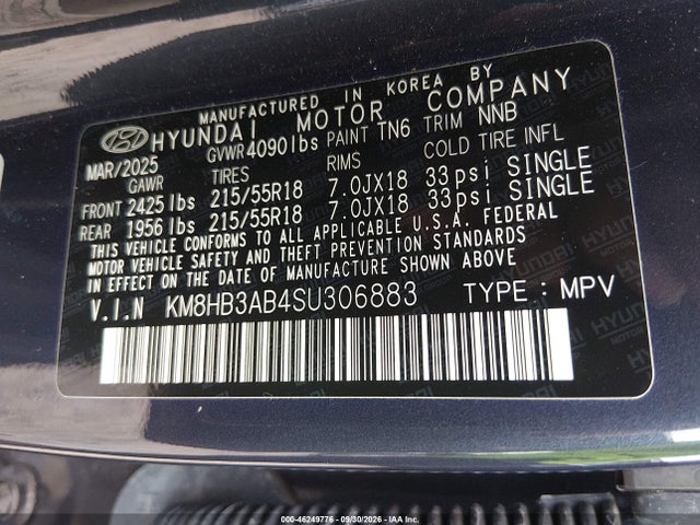Aukcja sprzedaży 2025 Hyundai Kona Sel, vin: KM8HB3AB4SU306883, numer aukcji: 46249776