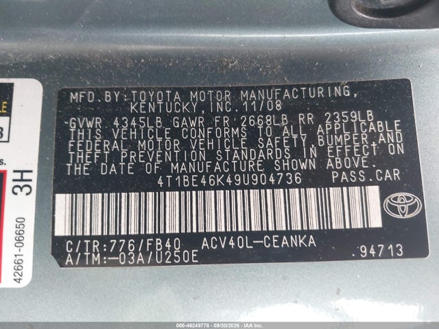 2009 Toyota Camry Le მანქანა იყიდება აუქციონზე, vin: 4T1BE46K49U904736, აუქციონის ნომერი: 46249778