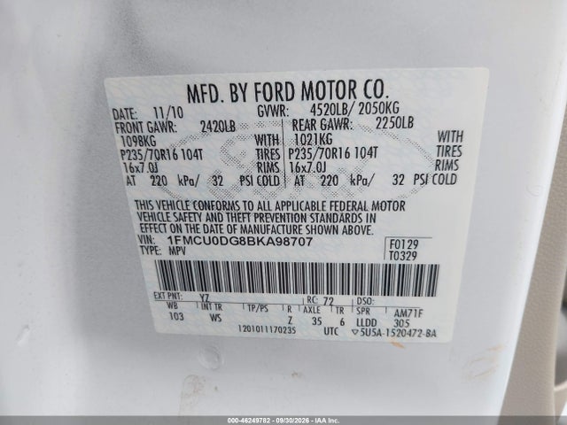 Aukcja sprzedaży 2011 Ford Escape Xlt, vin: 1FMCU0DG8BKA98707, numer aukcji: 46249782