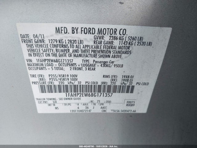 Aukcja sprzedaży 2011 Ford Taurus Sel, vin: 1FAHP2EW6BG171357, numer aukcji: 46249790