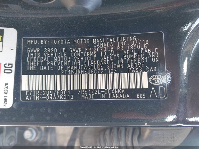 Aukcja sprzedaży 2016 Toyota Corolla Le, vin: 2T1BURHE0GC721307, numer aukcji: 46249811
