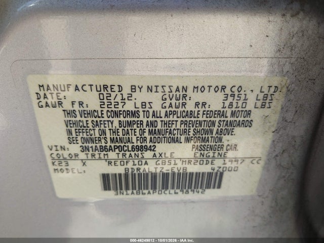 46249812 :رقم المزاد ، 3N1AB6AP0CL698942 vin ، 2012 Nissan Sentra 2.0 S مزاد بيع