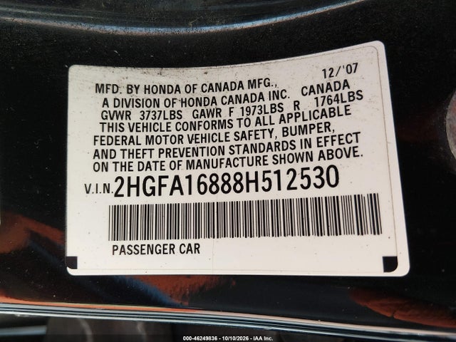Продаж на аукціоні авто 2008 Honda Civic Ex, vin: 2HGFA16888H512530, номер лоту: 46249836