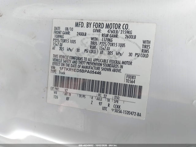 46249852 :رقم المزاد ، 1FTKR1ED5BPA05446 vin ، 2011 Ford Ranger Xlt مزاد بيع