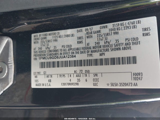 Aukcja sprzedaży 2018 Ford Escape Se, vin: 1FMCU9GD8JUA12384, numer aukcji: 46249875