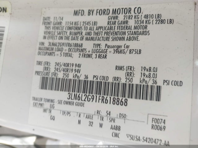 Продаж на аукціоні авто 2015 Lincoln Mkz, vin: 3LN6L2G91FR618868, номер лоту: 46249881