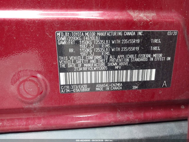 46249895 :رقم المزاد ، 2T3A1RFV2LW113005 vin ، 2020 Toyota Rav4 Xle Premium مزاد بيع