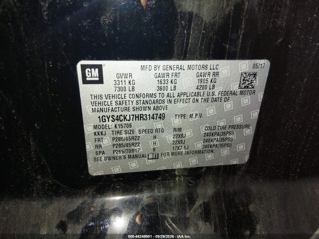 Aukcja sprzedaży 2017 Cadillac Escalade Premium Luxury, vin: 1GYS4CKJ7HR314749, numer aukcji: 46249901