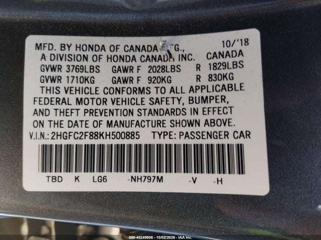 2HGFC2F88KH500885 Honda Civic Sport