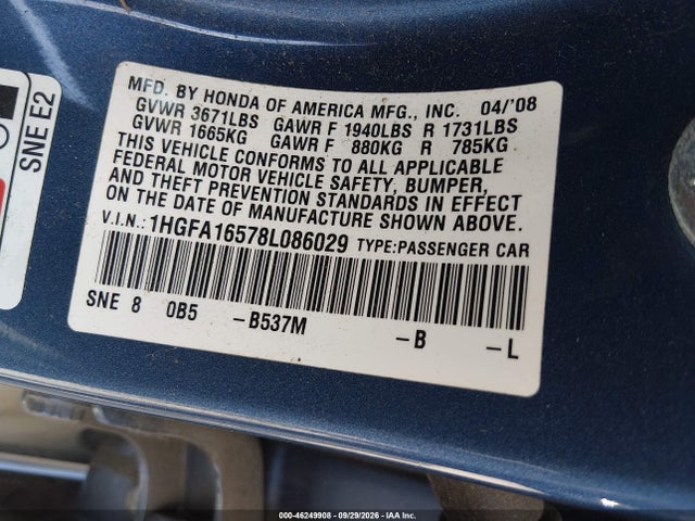 2008 Honda Civic Lx მანქანა იყიდება აუქციონზე, vin: 1HGFA16578L086029, აუქციონის ნომერი: 46249908