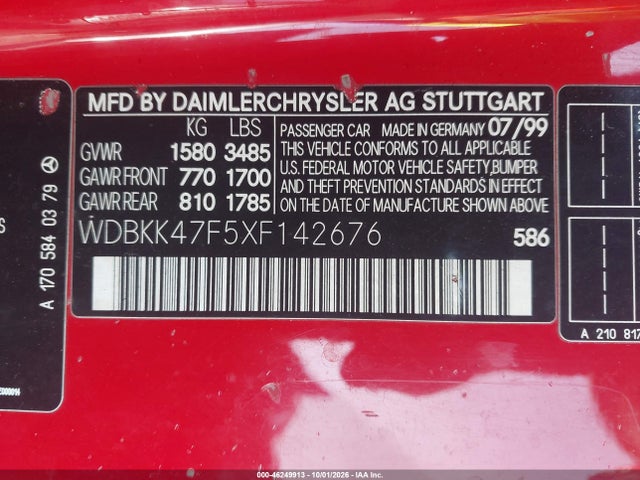 Aukcja sprzedaży 1999 Mercedes-benz Slk 230 Kompressor, vin: WDBKK47F5XF142676, numer aukcji: 46249913