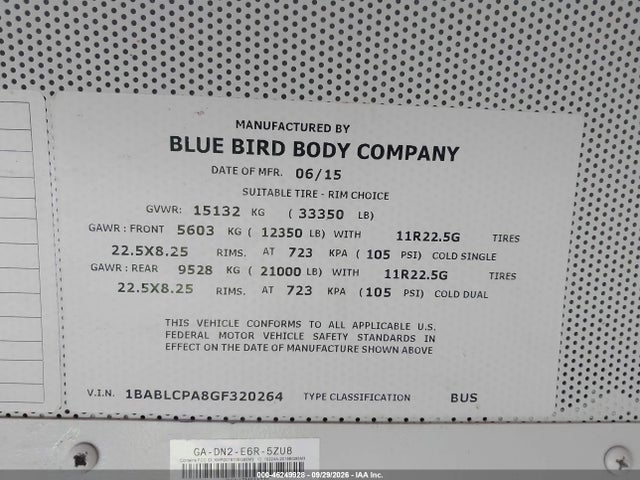 Продаж на аукціоні авто 2016 Blue Bird School Bus / Transit Bus, vin: 1BABLCPA8GF320264, номер лоту: 46249928