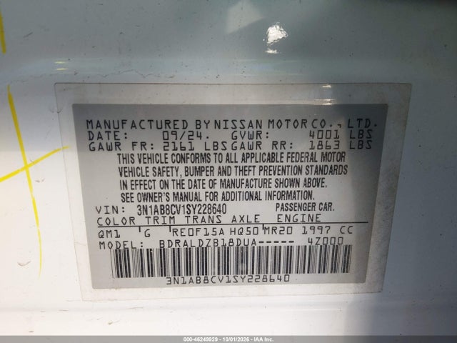 Продаж на аукціоні авто 2025 Nissan Sentra Sv, vin: 3N1AB8CV1SY228640, номер лоту: 46249929