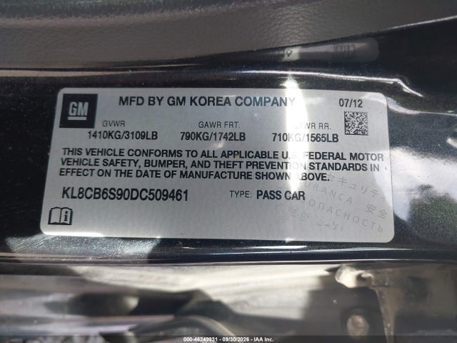 2013 Chevrolet Spark Ls Auto მანქანა იყიდება აუქციონზე, vin: KL8CB6S90DC509461, აუქციონის ნომერი: 46249931