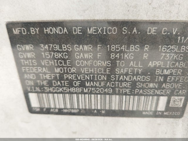 46249940 :رقم المزاد ، 3HGGK5H88FM752049 vin ، 2015 Honda Fit Ex/ex-l مزاد بيع