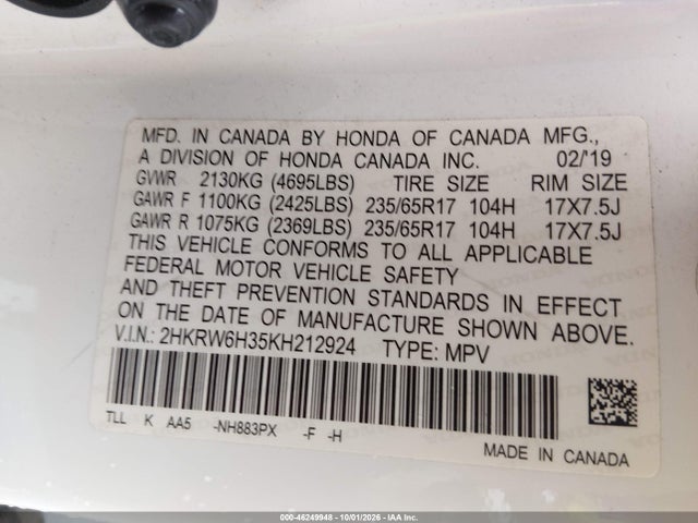 2HKRW6H35KH212924 Honda CR-V LX