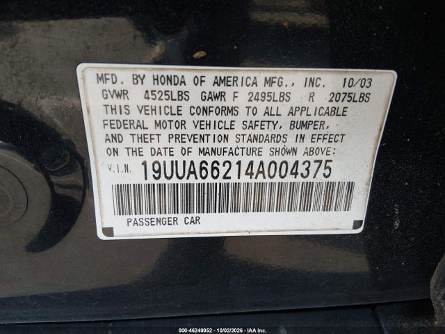 46249952 :رقم المزاد ، 19UUA66214A004375 vin ، 2004 Acura Tl مزاد بيع