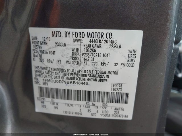 Продаж на аукціоні авто 2011 Ford Escape Xlt, vin: 1FMCU0D79BKB18446, номер лоту: 46249959
