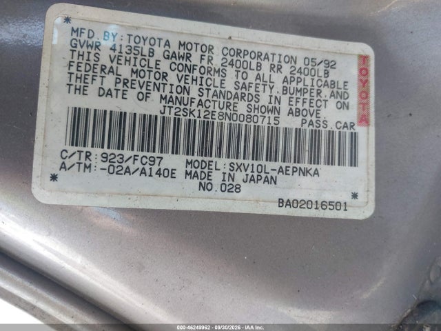 1992 Toyota Camry Le მანქანა იყიდება აუქციონზე, vin: JT2SK12E8N0080715, აუქციონის ნომერი: 46249962