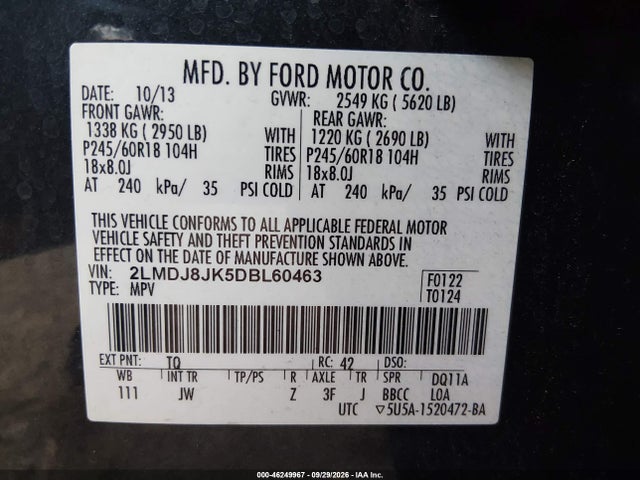 Продажа на аукционе авто 2013 Lincoln Mkx, vin: 2LMDJ8JK5DBL60463, номер лота: 46249967