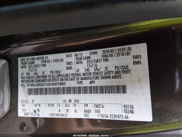 Продаж на аукціоні авто 2016 Ford Escape Se, vin: 1FMCU0GX1GUA51560, номер лоту: 46249989
