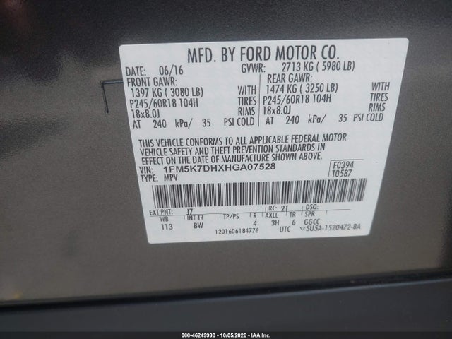 Продаж на аукціоні авто 2017 Ford Explorer Xlt, vin: 1FM5K7DHXHGA07528, номер лоту: 46249990