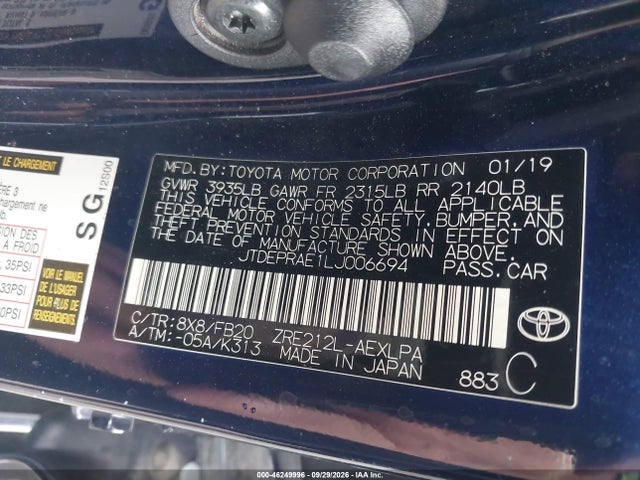 46249996 :رقم المزاد ، JTDEPRAE1LJ006694 vin ، 2020 Toyota Corolla Le مزاد بيع