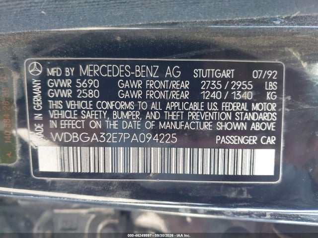 Продажа на аукционе авто 1993 Mercedes-benz 300 Se, vin: WDBGA32E7PA094225, номер лота: 46249997