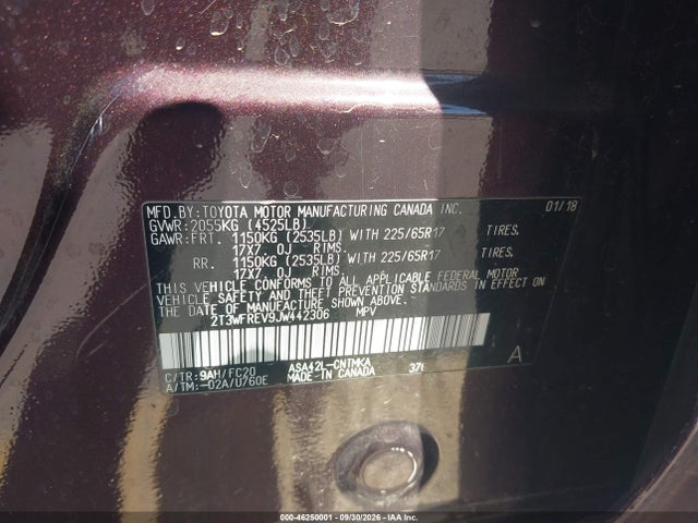 Продаж на аукціоні авто 2018 Toyota Rav4 Xle, vin: 2T3WFREV9JW442306, номер лоту: 46250001