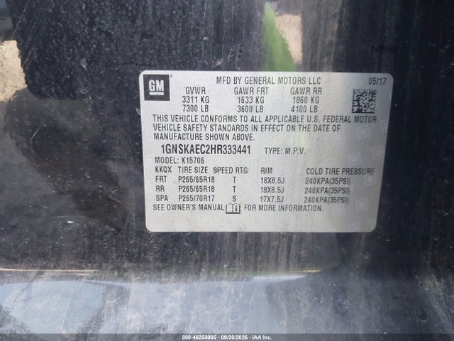 46250005 :رقم المزاد ، 1GNSKAEC2HR333441 vin ، 2017 Chevrolet Tahoe Ls مزاد بيع