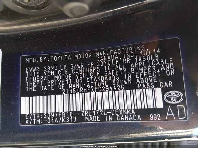 46250013 :رقم المزاد ، 2T1BURHEXFC294426 vin ، 2015 Toyota Corolla Le مزاد بيع