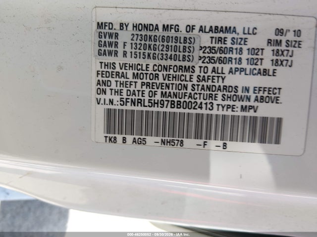Aukcja sprzedaży 2011 Honda Odyssey Touring/touring Elite, vin: 5FNRL5H97BB002413, numer aukcji: 46250052