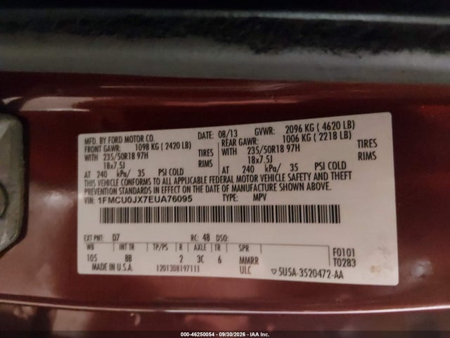 46250054 :رقم المزاد ، 1FMCU0JX7EUA76095 vin ، 2014 Ford Escape Titanium مزاد بيع